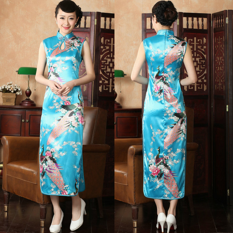  Drip Peacock Long Cheongsam Lake Blue+XL (Reference to about 116 catties)  