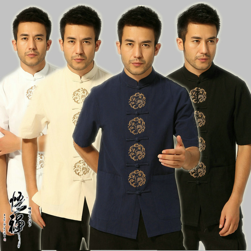 唐装男短袖衬衫中国风中青年男汉服禅修居士服民族服装夏装上衣