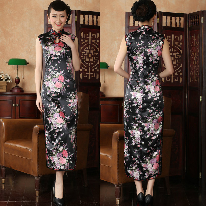  Dripping watermark long cheongsam black+L (Reference to about 106 catties)  