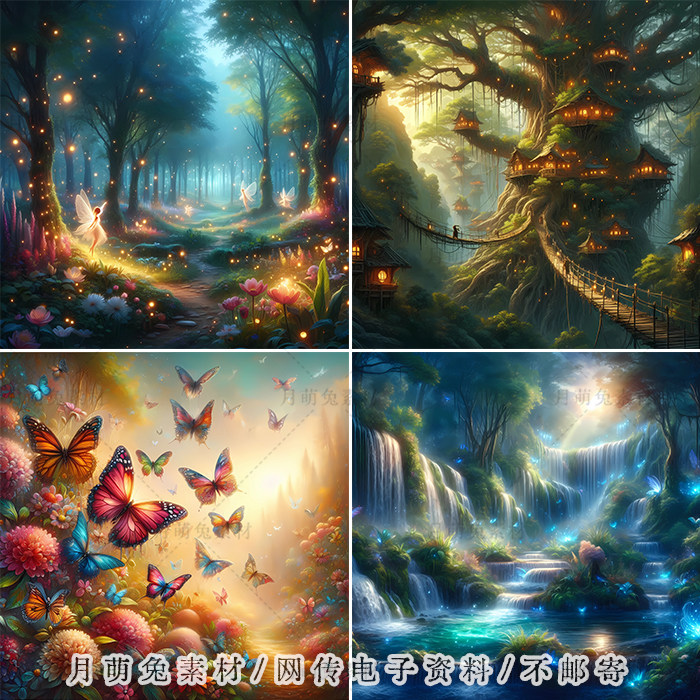 神秘魔幻蝴蝶蘑菇精灵森林背景墙纸壁纸海报背景图片设计jpg素材图片