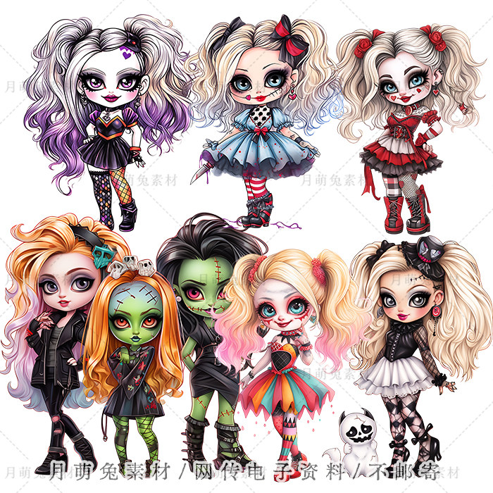 可爱万圣节小丑女装扮女孩插画海报装饰剪贴画手账png设计素材