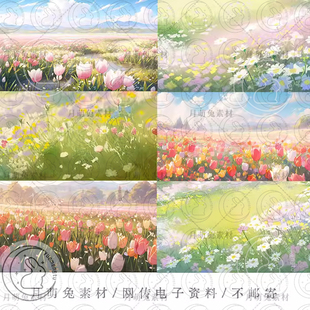 唯美春天郁金香小野花草地花丛风景海报卡片背景图片设计素材