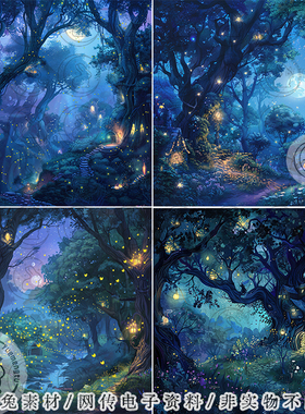 唯美蓝色萤火虫森林海报背景图片垃圾手账Junk Journal素材