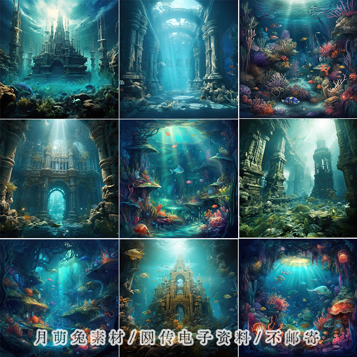 奇幻水底海底城堡世界背景海报卡片背景JPG设计Junk Journal素材