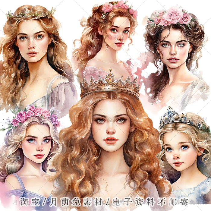 水彩唯美童话卷发公主少女插画海报装饰剪贴画手账png素材