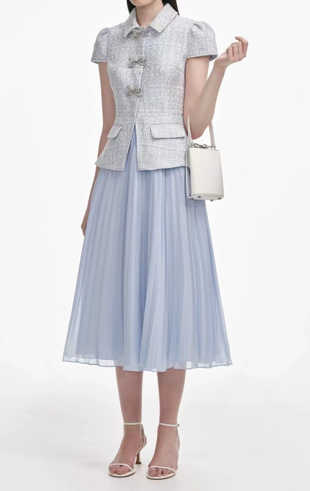 SELF Designer 2025 Spring Blue Bow Tweed Chiffon Dress - Be First! - Product image 2