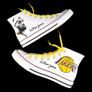 帆布鞋男高帮手绘联名湖人队詹姆斯球星涂鸦爆改女学生休闲平底鞋