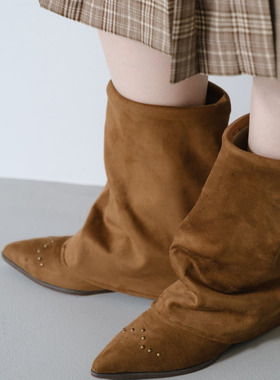 KAS小众INS潮！复古尖头日系女靴中筒靴裤管靴长筒靴西部牛仔靴女