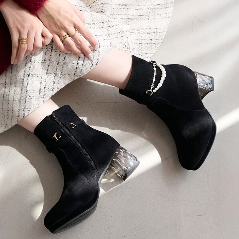 MJ名媛千金风！复古法式两穿珍珠链水钻水晶跟日系短靴绒面踝靴女