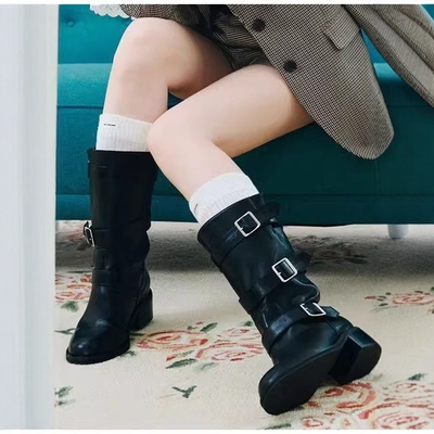 LB复古搭扣日系骑士靴长靴牛仔靴