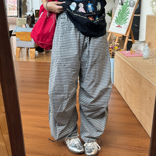 Wild Mi 2025早秋美式格子休闲裤女束脚宽松百搭直筒阔腿长裤子