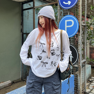 秋季 Wild 2025新款 T恤女纯棉印花圆领辣妹上衣ins 美式 宽松长袖