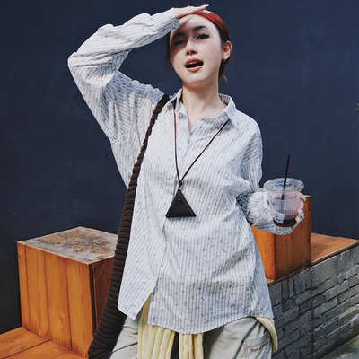 Wild Mi 条纹碎花春秋季长袖衬衫女士休闲宽松百搭韩版设计感外套