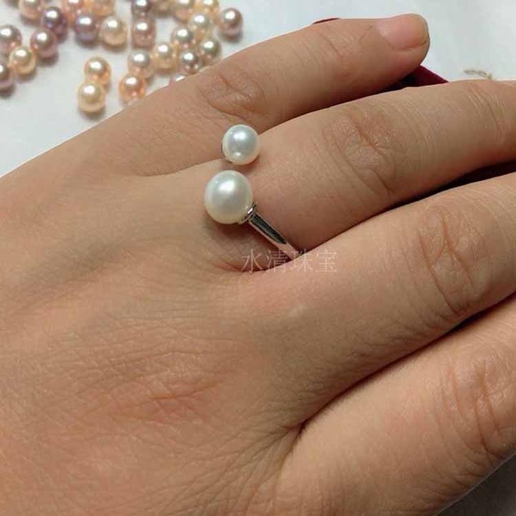 新品天然淡水珍珠戒指环正圆强光 交叉2颗 手饰韩国送女友礼物
