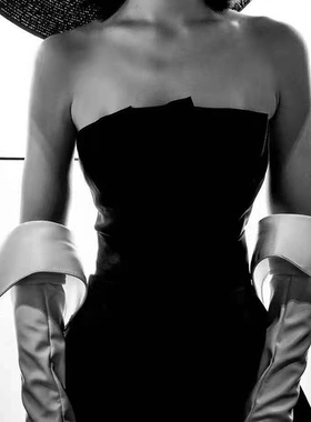 加长皮手套65cm外翻领翻边卷边双面大切口超长黑白仿皮仿真皮触屏