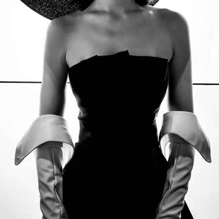 加长皮手套65cm外翻领翻边卷边双面大切口超长黑白仿皮仿真皮触屏