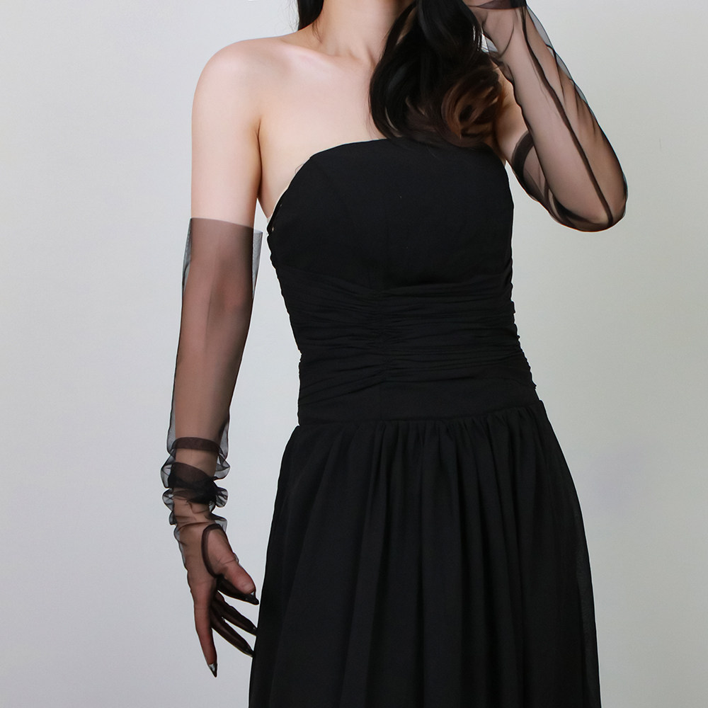 纯色透明时装女新娘婚纱走秀70cm长 diy薄纱网纱黑白红色礼仪手套