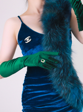 40cm墨绿色金丝绒手套女长款赫本风复古优雅晚宴礼服拍照秋冬保暖