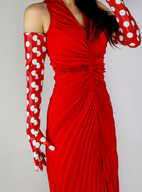 大波点长手套  60cm长款贴身漆皮大红色仿皮仿真皮草间弥生圆点女