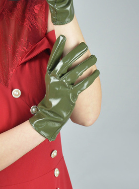 漆皮短款手套  21cm亮皮仿真皮仿皮PU皮镜面制服控军绿色军旅风