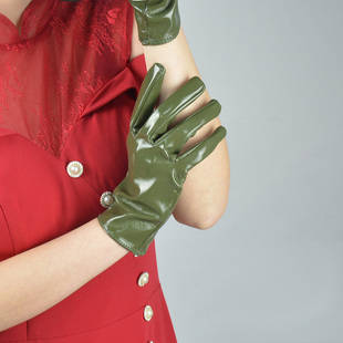 漆皮短款手套 21cm亮皮仿真皮仿皮PU皮镜面制服控军绿色军旅风