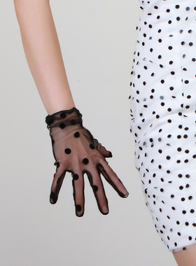 波点短手套  21cm弹性大圆点蕾丝网纱超短款黑色白色法式婚纱触屏