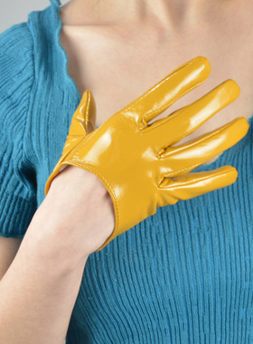 超短手套  13cm漆皮亮皮仿真皮镜面超亮薄款亮黄色姜黄色蛋黄色