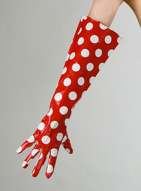 大波点长手套  50cm大袖子宽松漆皮红色仿皮仿真皮草间弥生圆点女