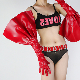 超长皮手套70cm超大飞边灯笼袖 红色仿皮仿真皮触屏设计感摄影走秀