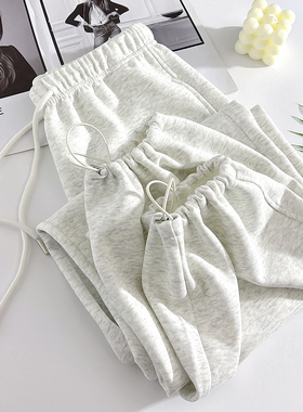 白灰色运动裤女春秋薄款2026新款美式束脚抽绳宽松直筒休闲卫裤子