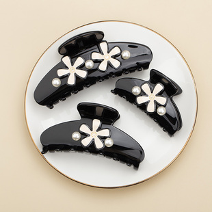 花朵抓夹女高级感珍珠花瓣黑色夹子大中小号发抓新款气质夹子发饰