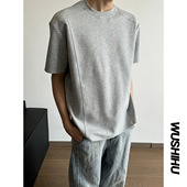 夏季 型拼接T恤潮流圆领百搭上衣 正肩boxy版 重磅纯棉300G短袖 男士