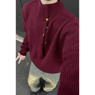 红色重磅880g金属纽扣针织衫男款冬季宽松休闲复古百搭半高领毛衣