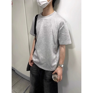 重磅纯棉300G韩系拼接短袖T恤抗皱硬挺短款boxy版型夏季上衣半袖