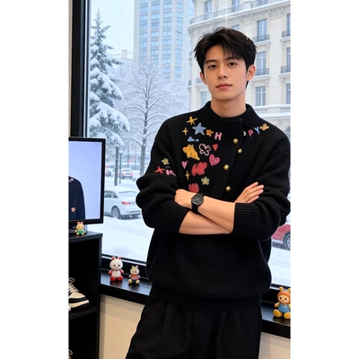 冬季重磅加厚毛衣男涂鸦印花上衣
