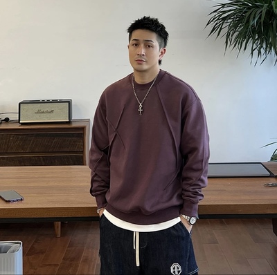 秋冬季新款重磅纯棉加厚卫衣男折叠套头纯色简约百搭宽松圆领上衣