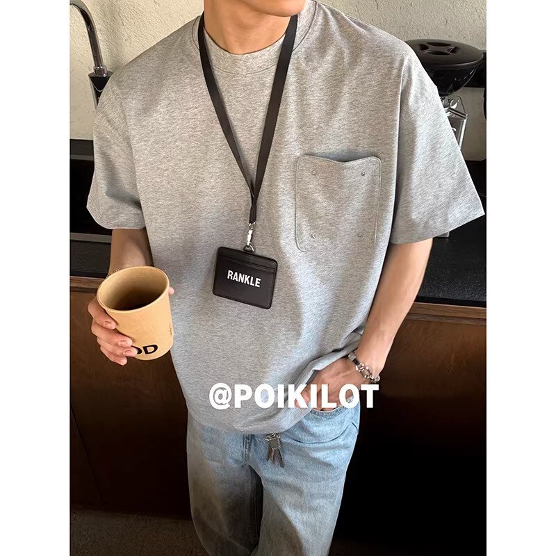 夏季美式重磅纯棉320G口袋设计T恤男小领口纯色休闲百搭短袖男tee