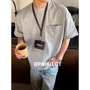 夏季美式重磅纯棉320G口袋设计T恤男小领口纯色休闲百搭短袖男tee