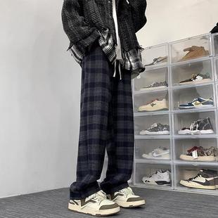 冬季700G毛呢格子休闲裤男秋冬款潮牌潮流帅气裤子加厚宽松直筒裤