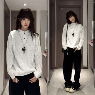 新款 t恤情侣打底衫 解构立领卫衣男拼接boxy版 正肩长袖 型美式 秋季