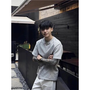 夏季重磅纯棉300G小领口t恤美式罗纹拼接设计感复古短袖男正肩潮