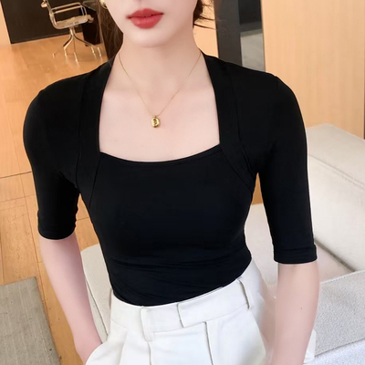 黑色法式方领半袖t恤女