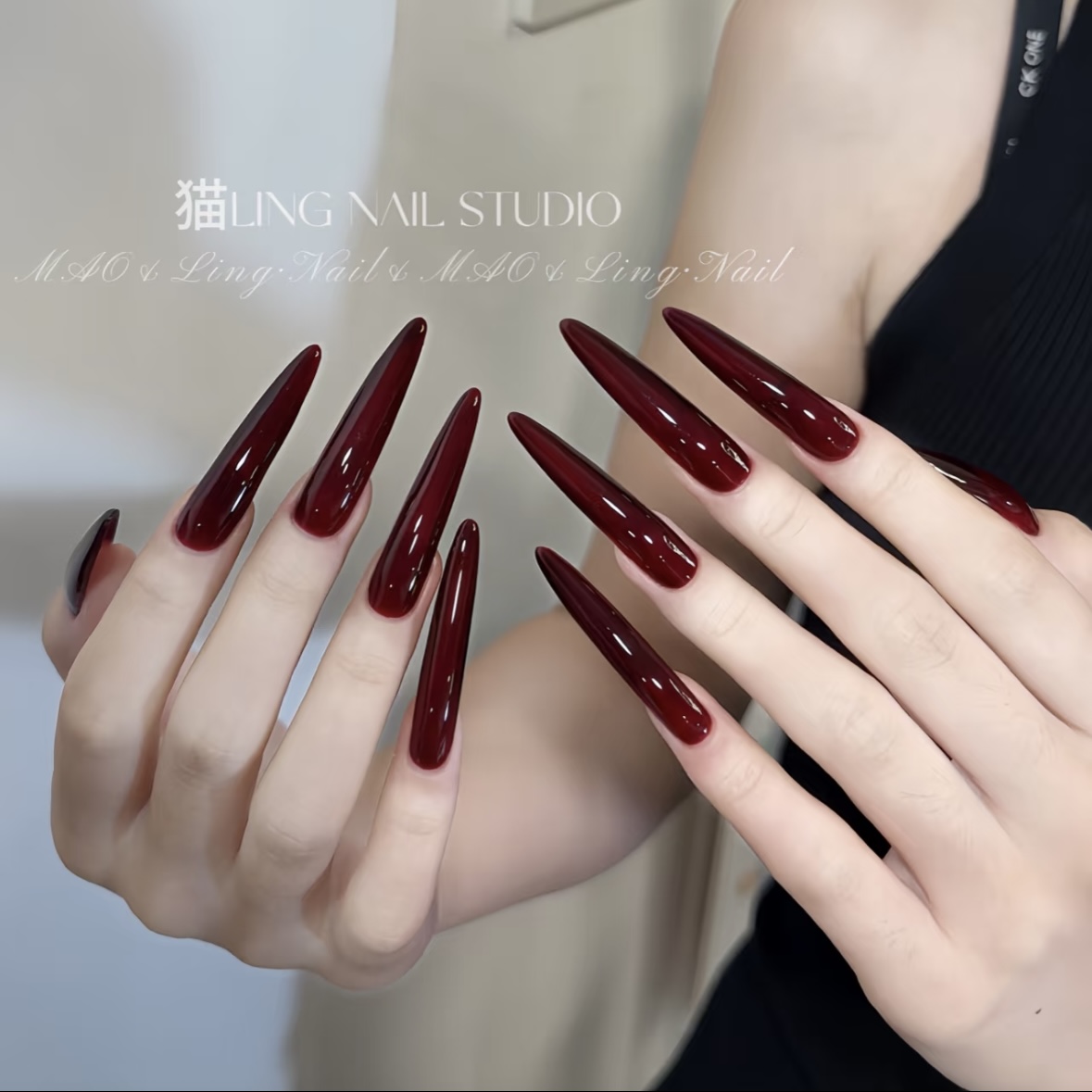 手工定制秋冬显白深牛血红美甲红色系气质细狗尖穿戴甲可拆卸