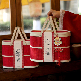 高档2026马年年货礼盒新年包装盒空盒中式手提竹篮子干货礼品盒子