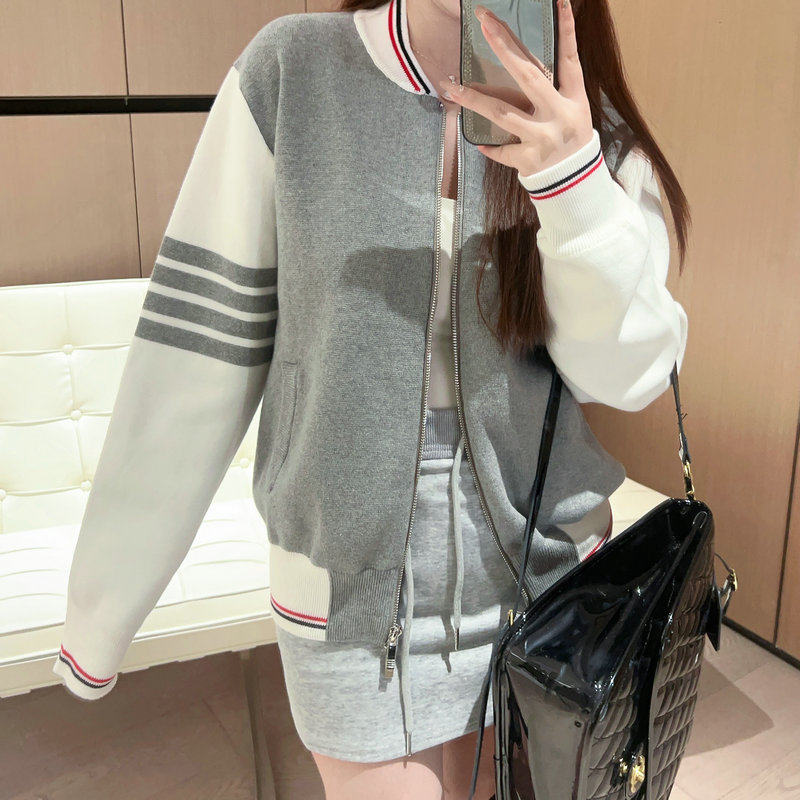 2025秋TB学院风美式棒球服拉链开衫时尚百搭运动休闲拼色针织外套