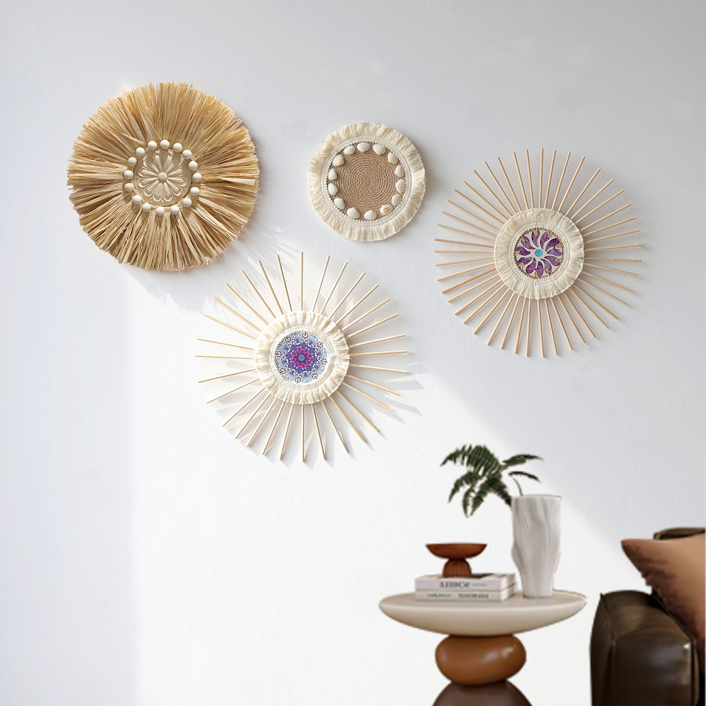 北欧侘寂风手工编织圆形装饰草编藤编墙面壁挂简约背景墙墙面装饰