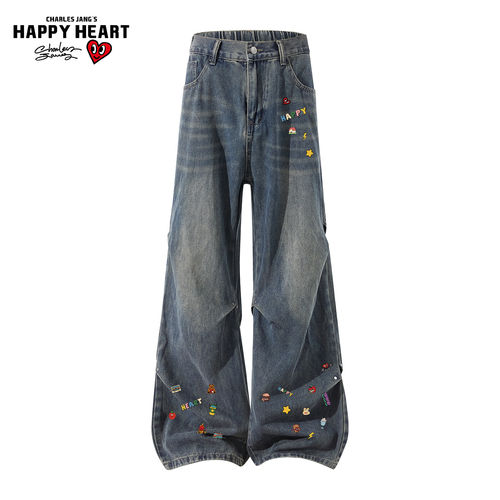 查尔斯桃心美式复古牛仔裤男春秋季褶皱拼接磨白重磅阔腿长裤子