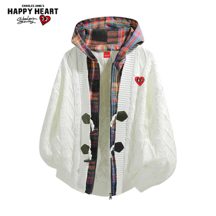 查尔斯桃心 美式格子拼接假两件连帽针织衫毛衣外套宽松潮牌上衣