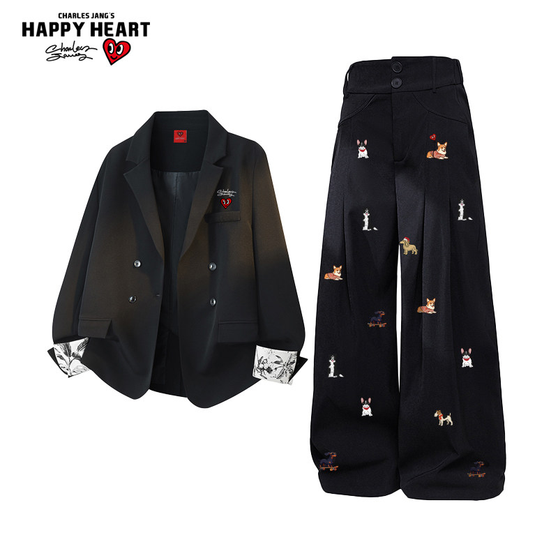 查尔斯桃心碎花西装休闲套装男春秋季外套小狗满印情侣直筒长裤子,男装,休闲运动套装,淘宝优惠券,粉丝福利购,淘宝优惠卷