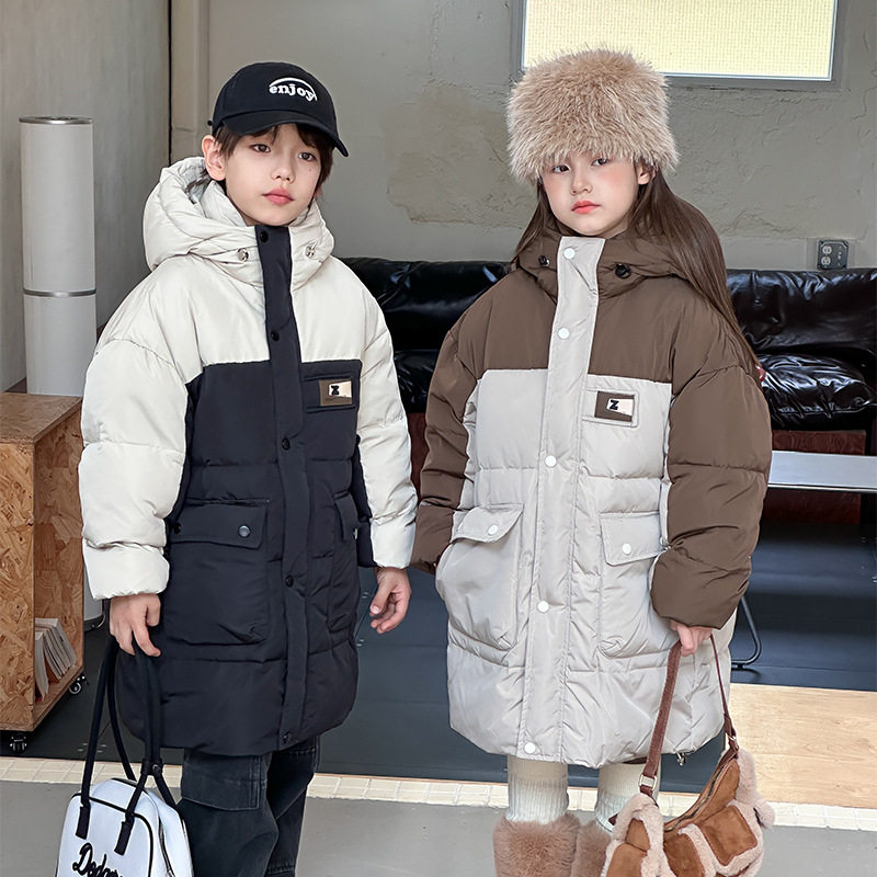 儿童羽绒服2025冬季新款中大童加厚保暖外套男女童中长款拼色棉服